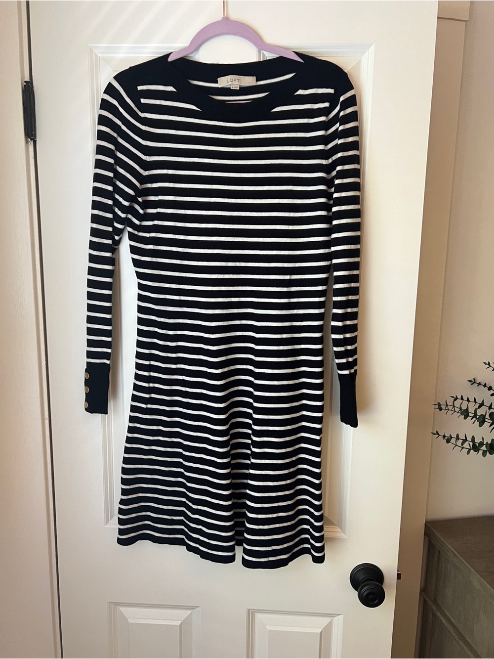 LOFT Black and White Striped Long-Sleeve Knit Dress